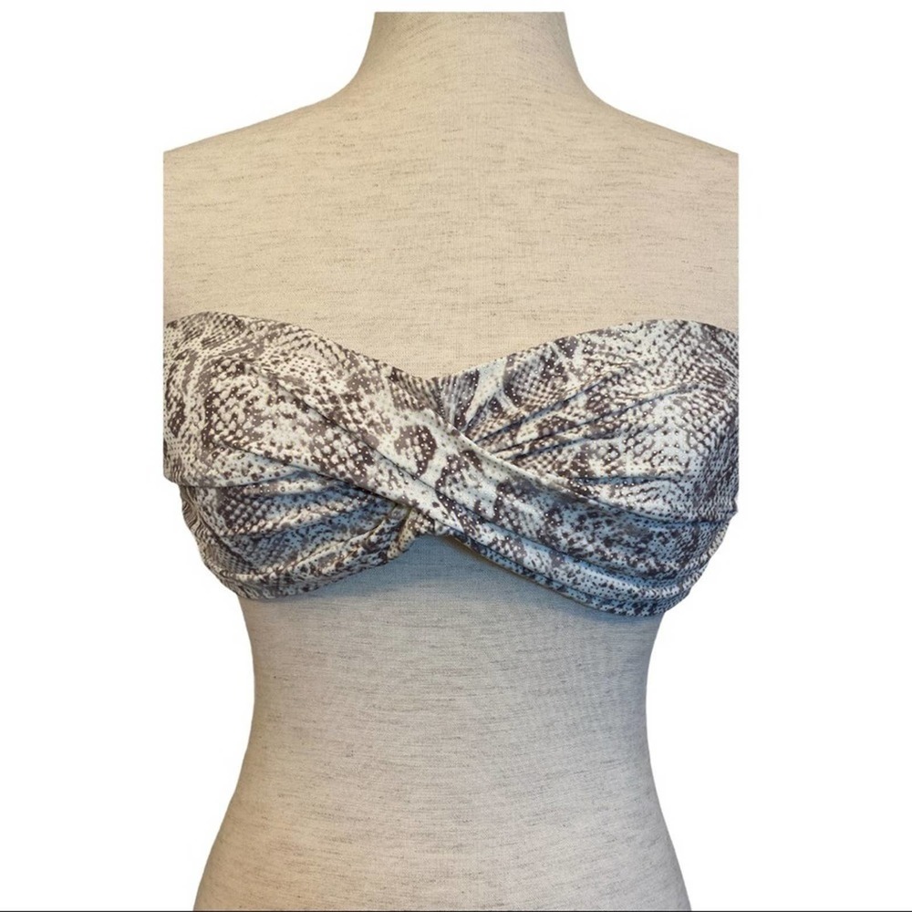 Carmen Marc Valvo Bikini Top Tan Beige Bandeau Snake Skin Twisted Knot Front